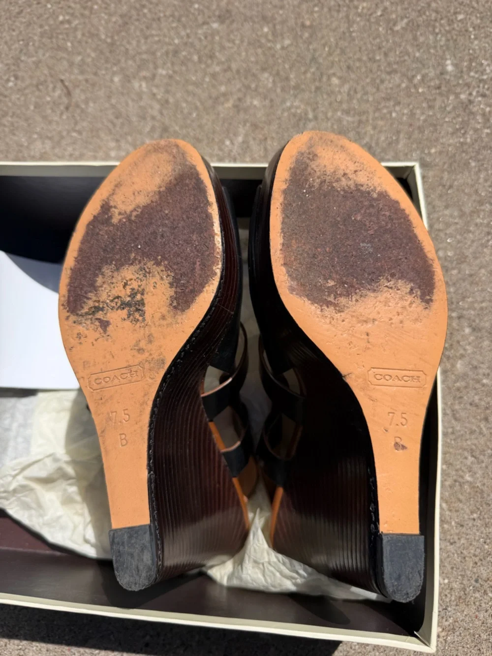 Coach Black Leather Open-Toe Buckle Wedge Heel Sandals with Brown Insole - Picture 4 of 6